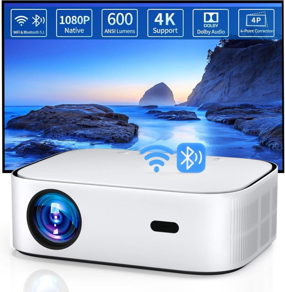 Toperson WiFi Bluetooth Projector, Native 1080P Projector, 600 ANSI Lumens, Support 4K Dobly, Video Projector for iOS Android TV Stick, 4P/4D Keystone Correction, 50% Zoom for Home Movie