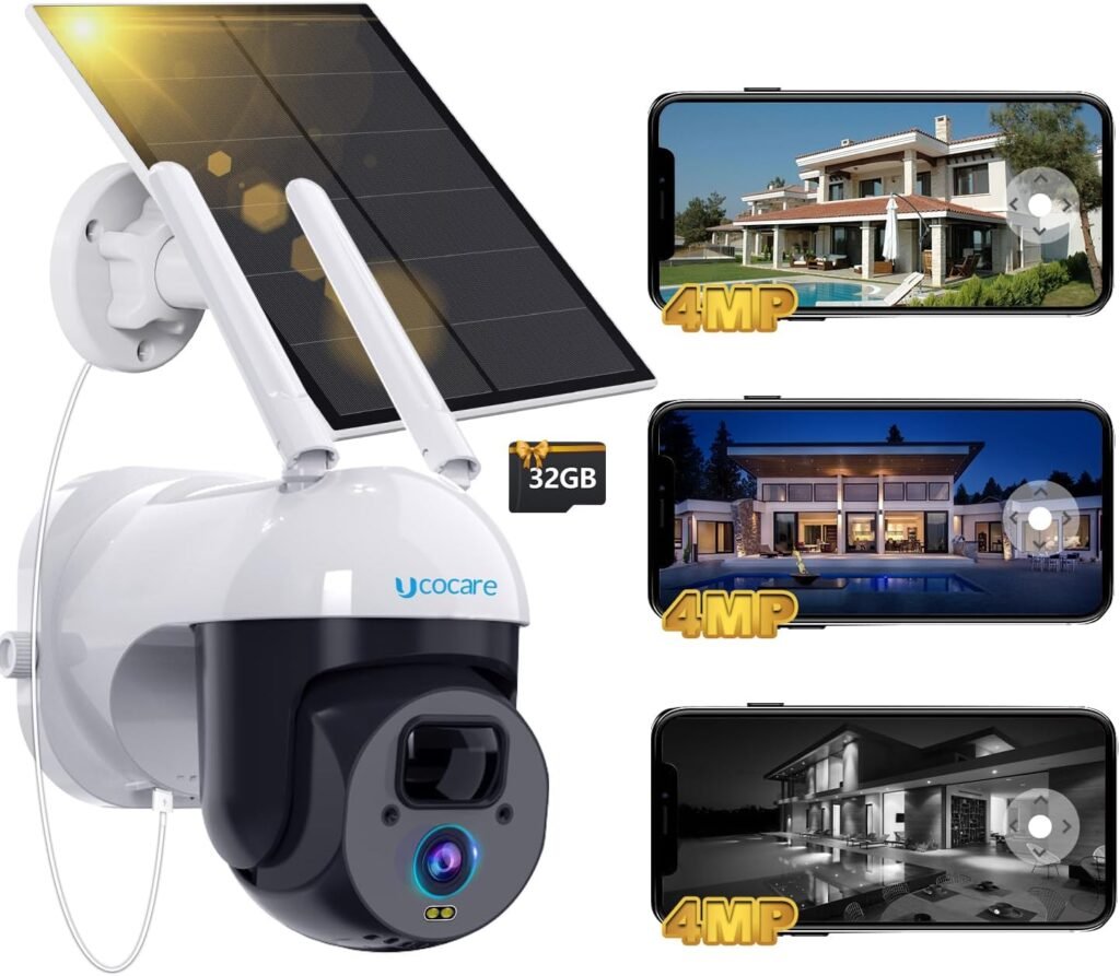 UCOCARE 4MP Solar Security Camera Outdoor Wireless, 360° Pan Battery Camera with 5W Solar Panel, Wifi CCTV Camera Systems, Free 32G Local SD Card, Color Night Vision, AI Human Detection