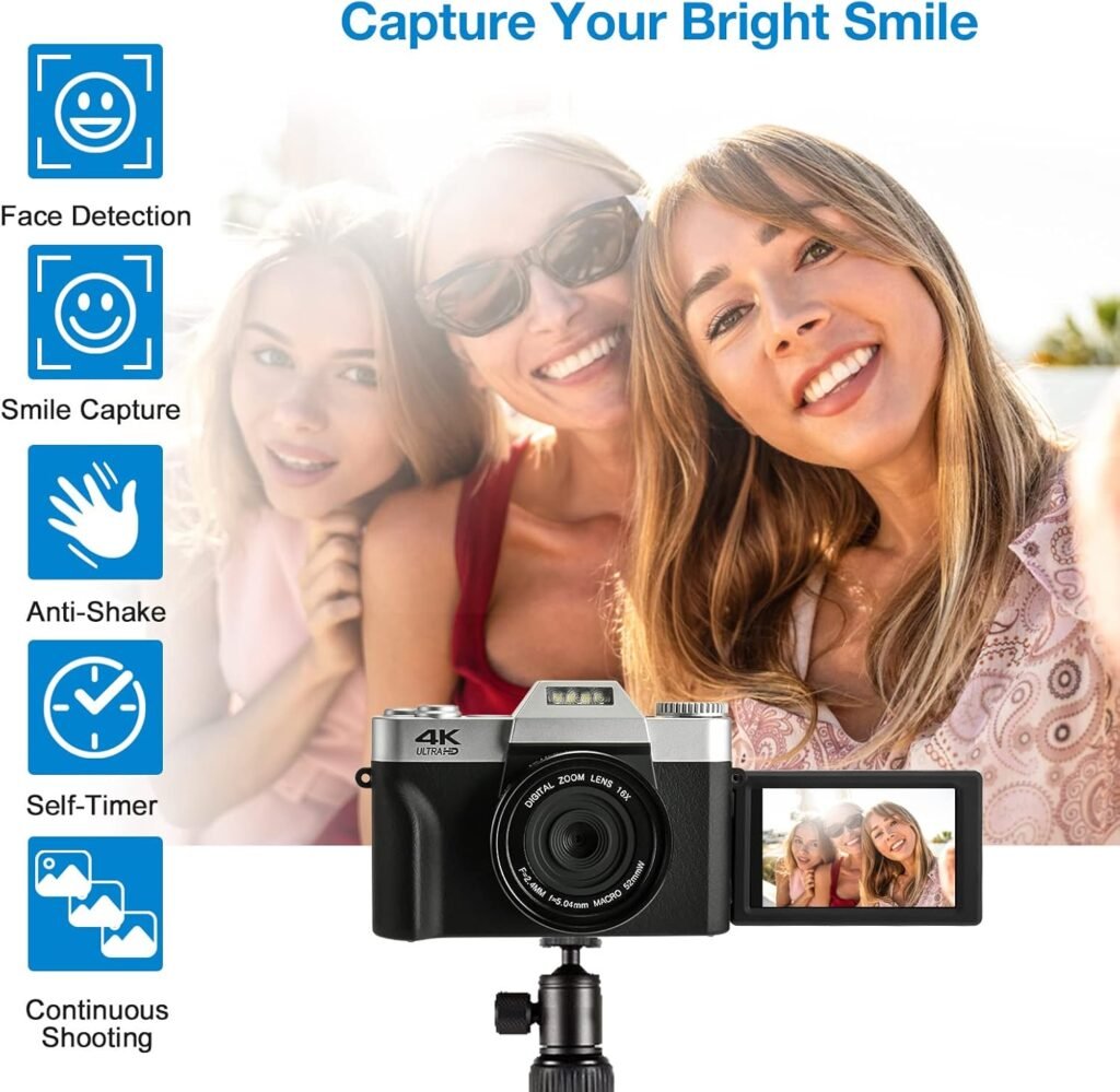 Digital Camera, 48MP 4K Full HD Compact Camera with 3.0 Inch Folding Screen, Auto Focus Vlogging Camera with 32GB SD Card and 16x Digital Zoom, Portable Digital Video Camera for Photography