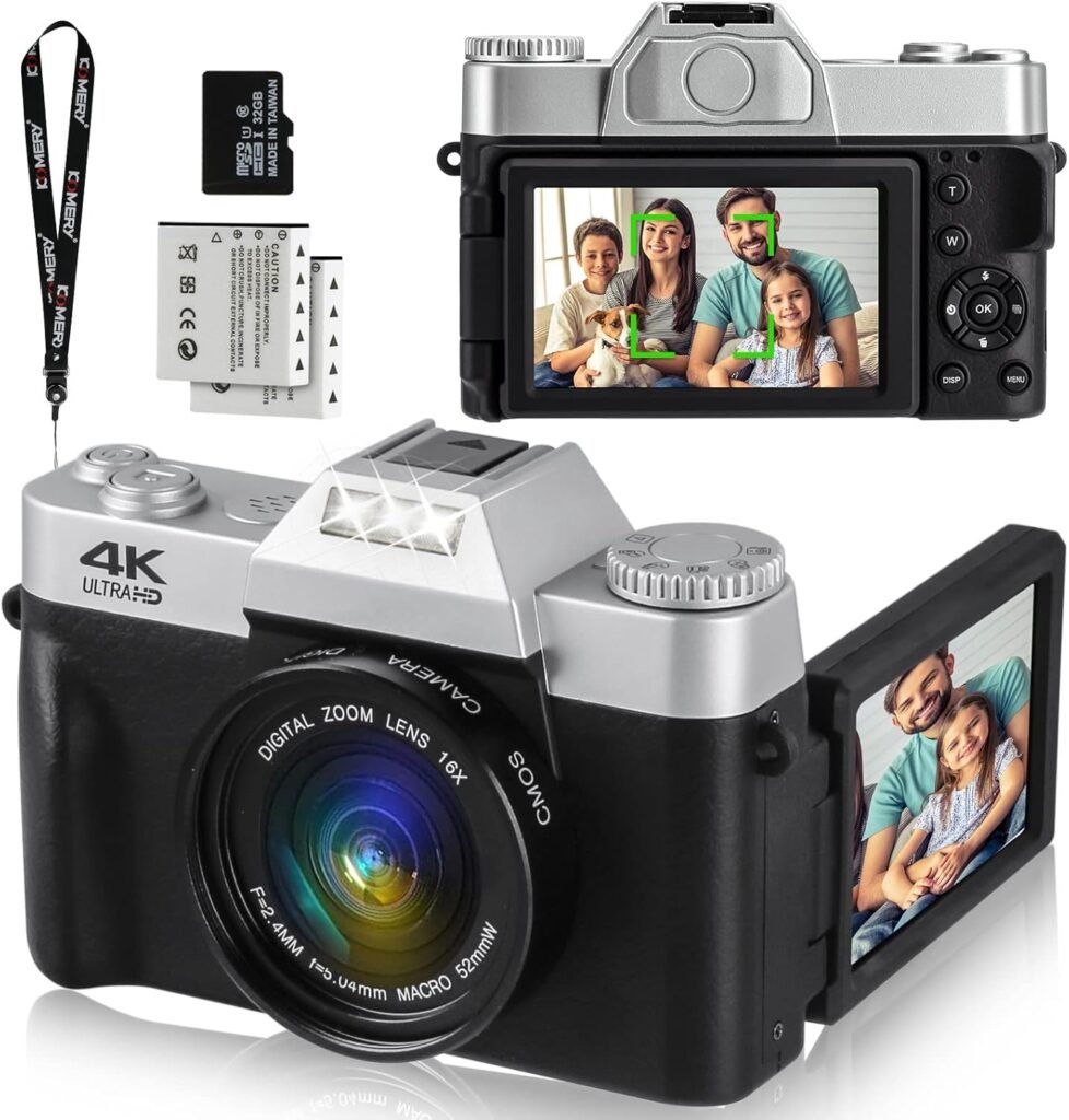 Digital Camera, 48MP 4K Full HD Compact Camera with 3.0 Inch Folding Screen, Auto Focus Vlogging Camera with 32GB SD Card and 16x Digital Zoom, Portable Digital Video Camera for Photography