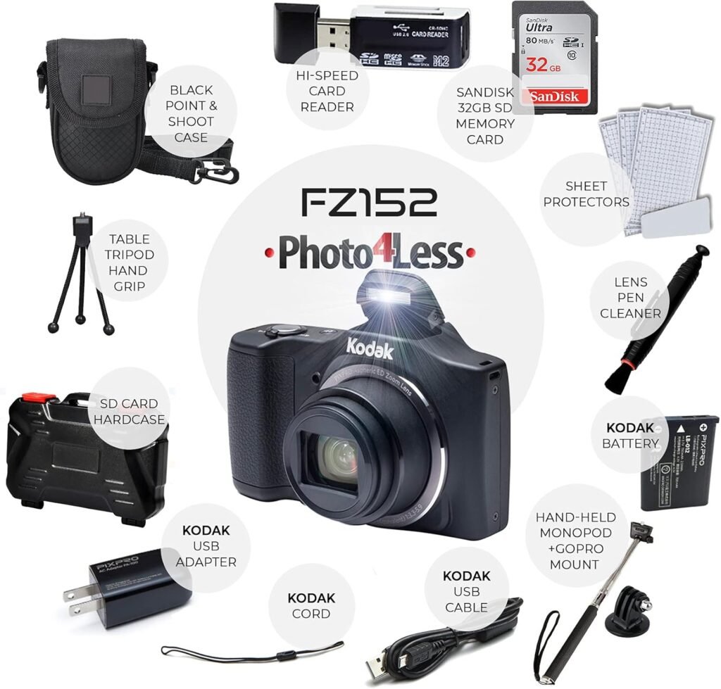 Kodak PIXPRO FZ152 Digital Camera Bundle with 32GB Memory Card + Point and Shoot Camera Case + Extendable Monopod + Lens Cleaning Pen + LCD Screen Protectors + Table Top Tripod – Ultimate Bundle