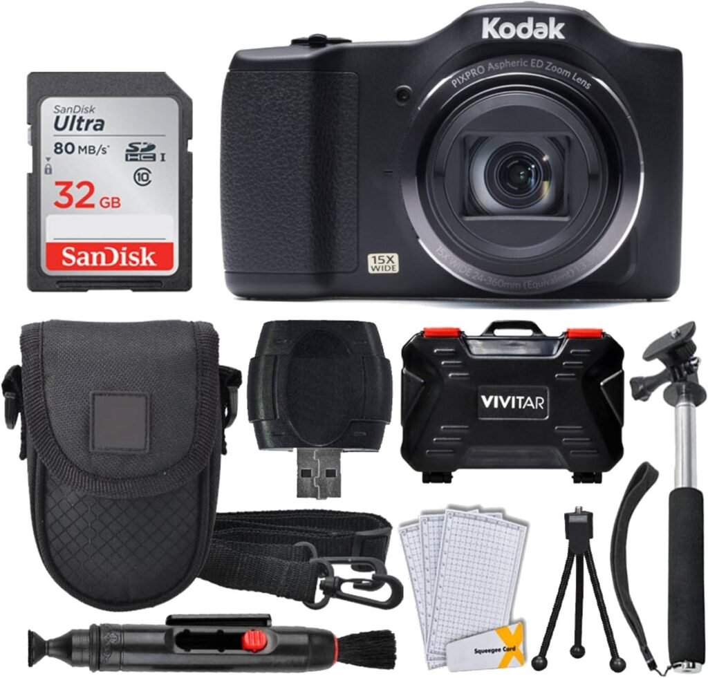 Kodak PIXPRO FZ152 Digital Camera Bundle with 32GB Memory Card + Point and Shoot Camera Case + Extendable Monopod + Lens Cleaning Pen + LCD Screen Protectors + Table Top Tripod – Ultimate Bundle
