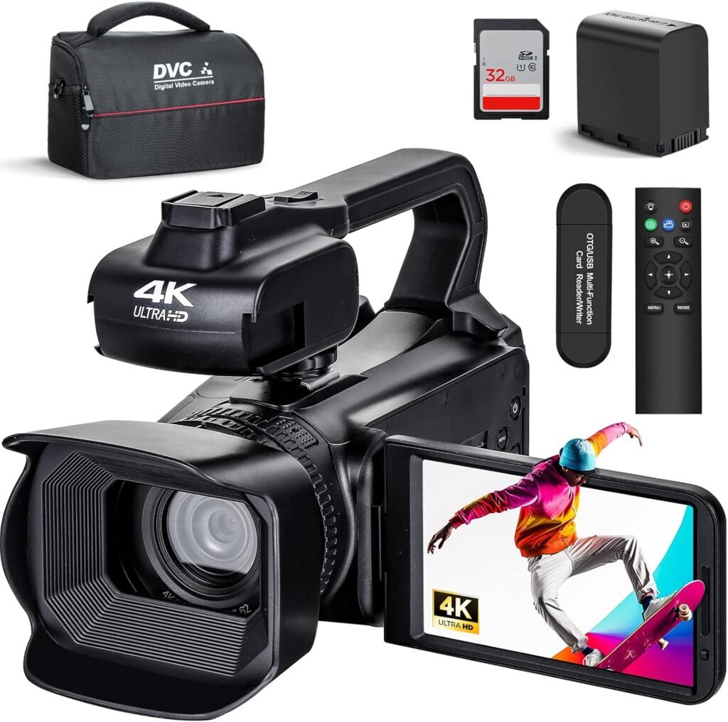 4K UHD 64MP Video Camera Camcorder with Expandable Handheld Grip, Remote  WiFi Control for Vlogging and YouTube/Blogging, 18X Digital Zoom Recorder with Flip Screen and 4 LCD Touch Screen