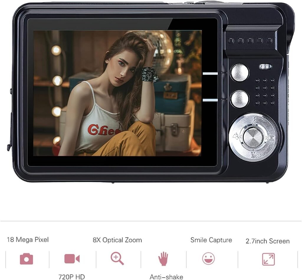 Digital Camera, Andoer Portable 720P Digital Camera Video Camcorder 18MP Photo 8X Zoom Anti-shake 2.7 Inch Large TFT Screen Built-in Lithium Battery with Carry Bag USB Charging Cable for Kids Teens