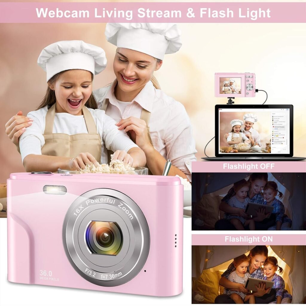 Digital Camera,1080P HD 36MP Compact Mini Video Camera 2.4 Inch Rechargeable Youtube Vlogging Camera with 16X Digital Zoom Pocket Camera for Beginners/Seniors/Adult/Teenagers/Kids/Students(Pink)