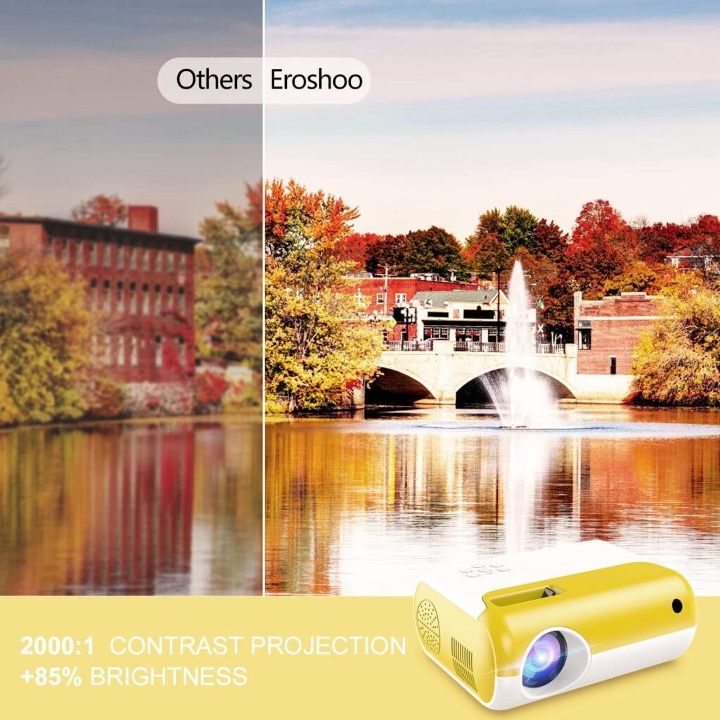 Eroshoo Mini Portable WiFi Full HD 1080P LED Projector with Built-in Speaker, Supports HDMI, USB, 3.5mm Audio, Yellow, LCD, Perfect for Home, Outdoor, Travel, Gaming, Education