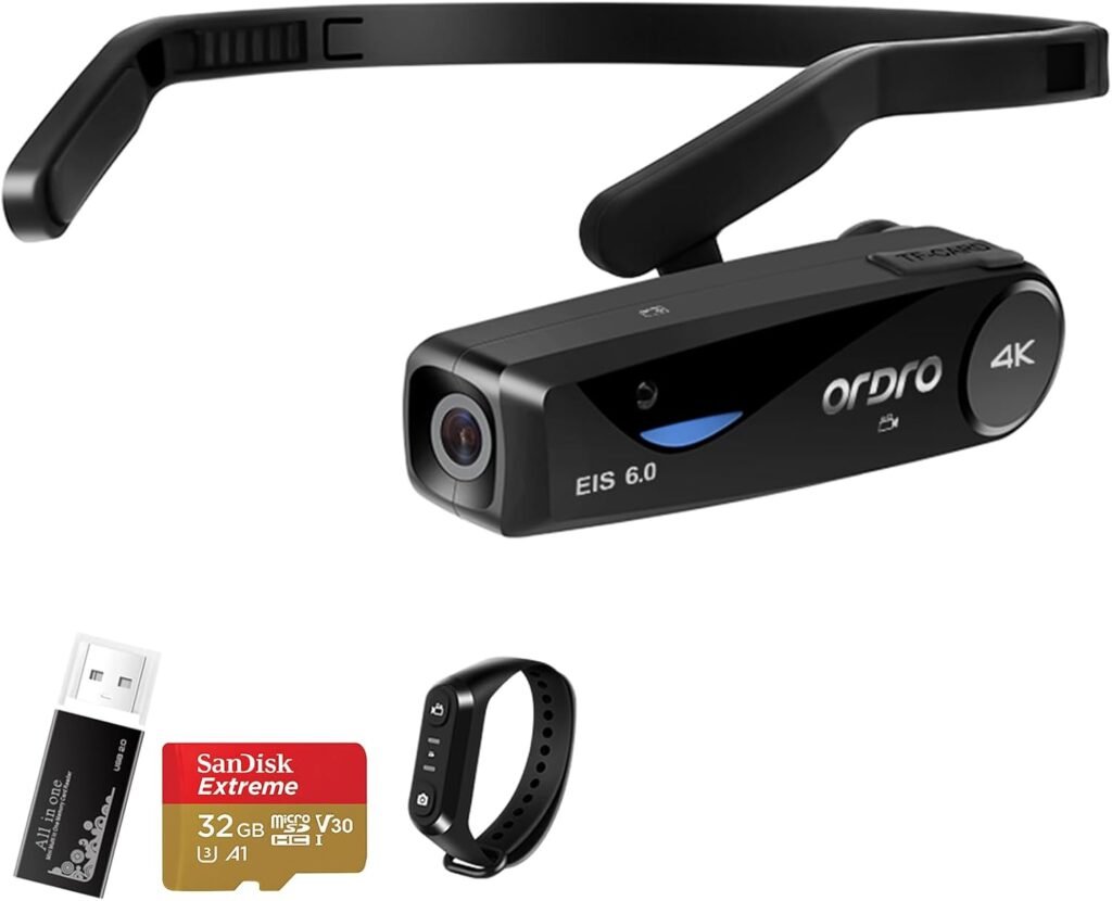 ORDRO EP6Plus 4K Head Mounted Camera - Hands-Free FPV Vlogging Camera withEIS6.0 Anti-Shake, WiFi APP Remote Control, 130° Wide Angle, Includes Carrying Case  32GB Micro Memory Card