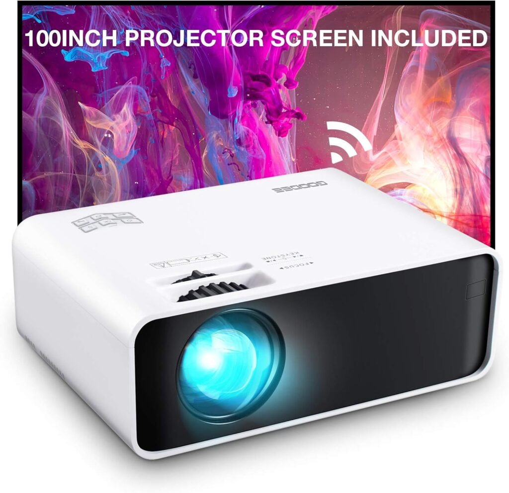 Projector, GooDee WiFi Mini Projector with Projector Screen, Synchronize Wireless Video Projector LED 1080p Full HD, Portable Home Movie Projector Compatible with TV Stick/DVD/USB, iOS/Android Phone
