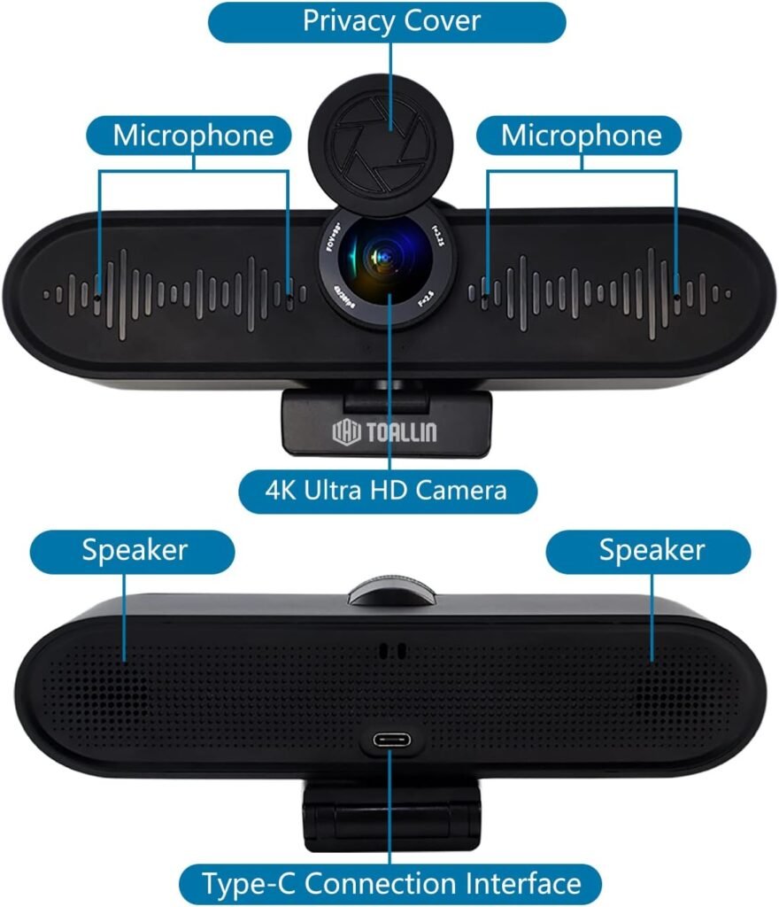 Ultra HD 4K Webcam with Microphones and Speakers, All-in-One Video Conferencing Camera for Small Meeting Rooms, Wide Angle View USB Webcam for Streaming, Teaching and Video Conferencing