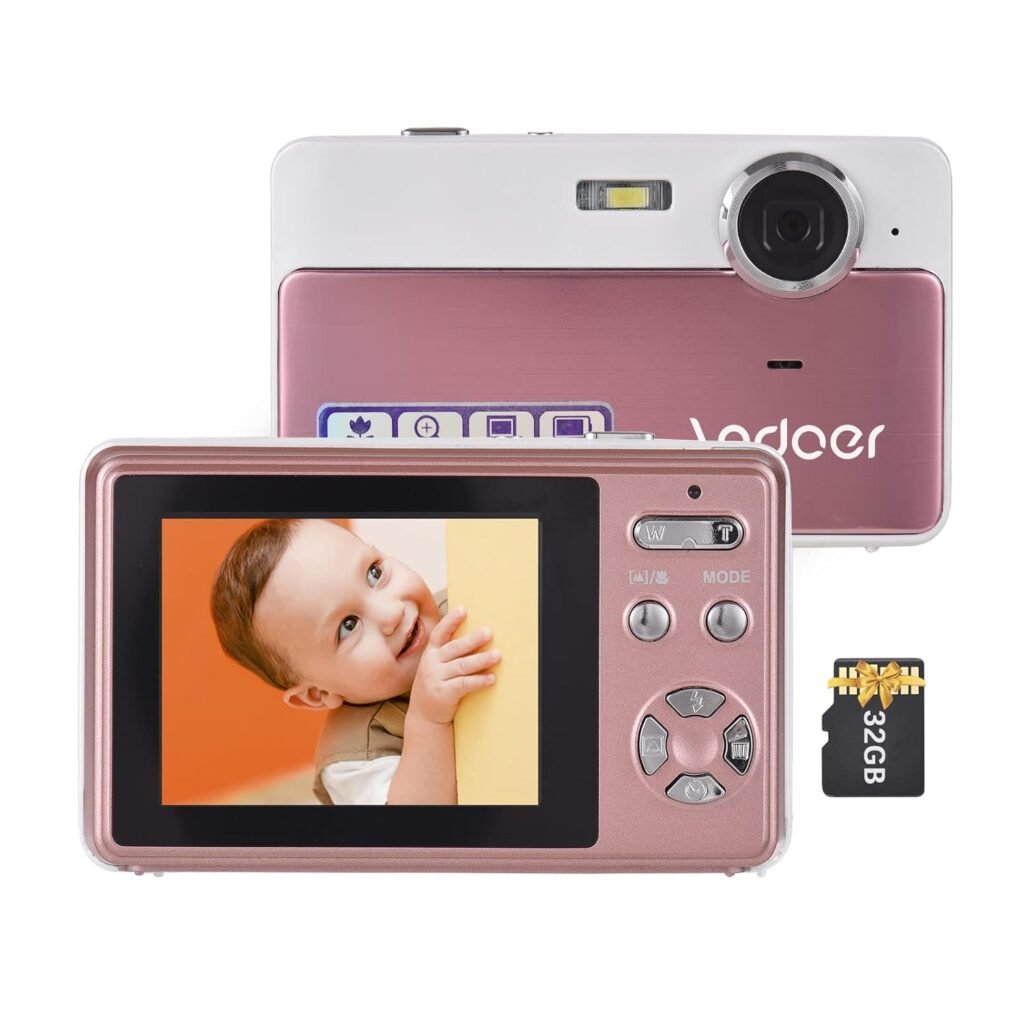 Andoer 4K Compact Digital Camera Video Camcorder 2.4 Inch IPS Screen 16X Digital Zoom Anti-shake Smile Capture Built-in Flash Battery with 32GB Memory Card for Kids Teens Friends