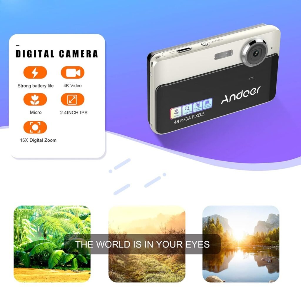 Andoer 4K Compact Digital Camera Video Camcorder 2.4 Inch IPS Screen 16X Digital Zoom Anti-shake Smile Capture Built-in Flash Battery with 32GB Memory Card for Kids Teens Friends