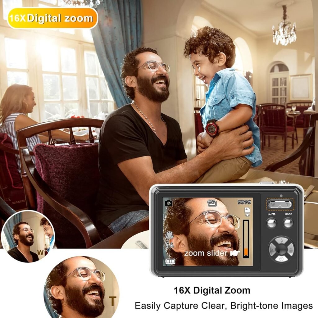 Andoer 4K Compact Digital Camera Video Camcorder 2.4 Inch IPS Screen 16X Digital Zoom Anti-shake Smile Capture Built-in Flash Battery with 32GB Memory Card for Kids Teens Friends