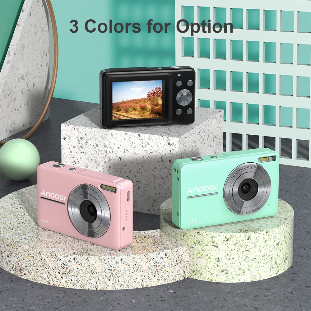 Andoer Digital Camera with 2pcs Rechargeable Batteries 32GB Memory Card 1080P 44M HD 16X Digital Zoom Anti-shake Auto Focus 2.5 IPS Screen Smile LCD Screen for Kids Children Holiday