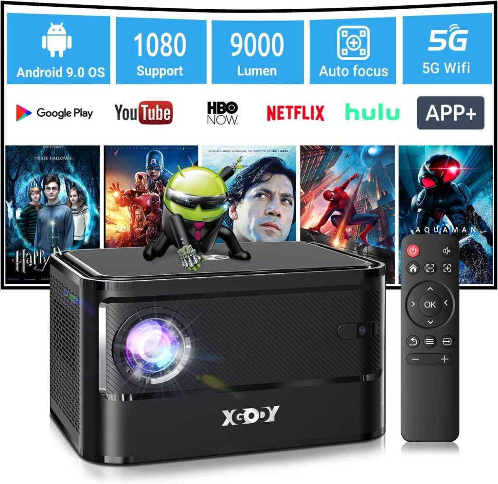 Auto Focus Android TV OS Mini Smart Projector, Xgody A40 9000 Lumens 1080P Support WiFi Bluetooth Projector, Portable Zoom Function Home HD Video Projector Dual Hi-Fi Speaker with Netflix 7000+APPs