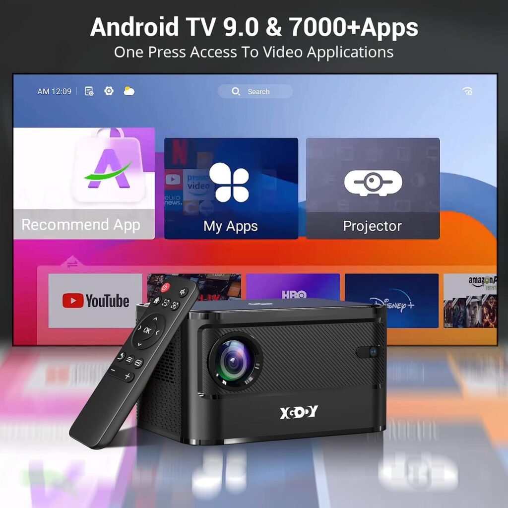 Auto Focus Android TV OS Mini Smart Projector, Xgody A40 9000 Lumens 1080P Support WiFi Bluetooth Projector, Portable Zoom Function Home HD Video Projector Dual Hi-Fi Speaker with Netflix 7000+APPs