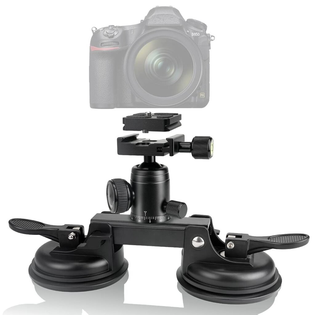 Heavy Duty 360°Ball Head DSLR/Mirorrless Camera Camcorder Dashcam Dual-Suction Cup Race Car Holder Vehicle Cab Cockpit Windscreen Window Door Mount w/Quick Release for Hi-Speed Vlogging (20 lbs Load)