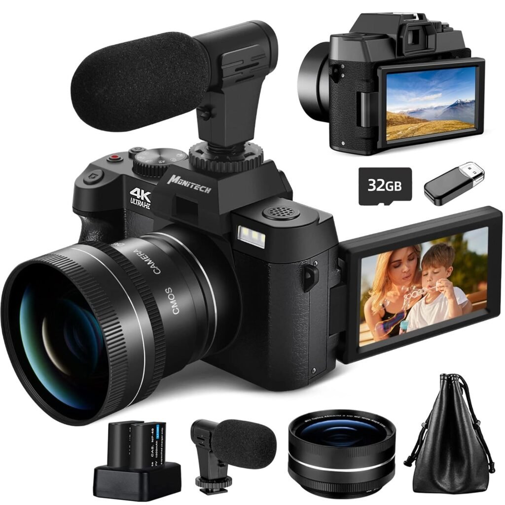 Monitech Digital Camera for Photography,4K 48MP Vlogging Camera for YouTube and Video,with 180° Flip Screen,16X Digital Zoom,52mm Wide Angle  Macro Lens, 2 Batteries, 32GB TF Card