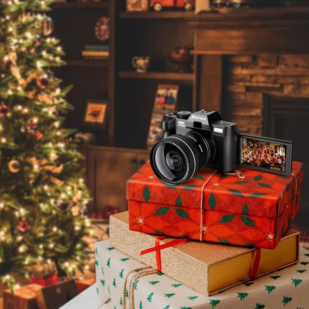 Monitech Digital Camera for Photography,4K 48MP Vlogging Camera for YouTube and Video,with 180° Flip Screen,16X Digital Zoom,52mm Wide Angle  Macro Lens, 2 Batteries, 32GB TF Card