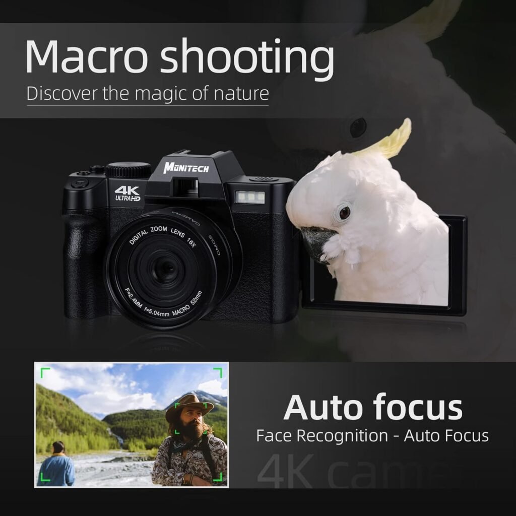 Monitech Digital Camera for Photography,4K 48MP Vlogging Camera for YouTube and Video,with 180° Flip Screen,16X Digital Zoom,52mm Wide Angle  Macro Lens, 2 Batteries, 32GB TF Card
