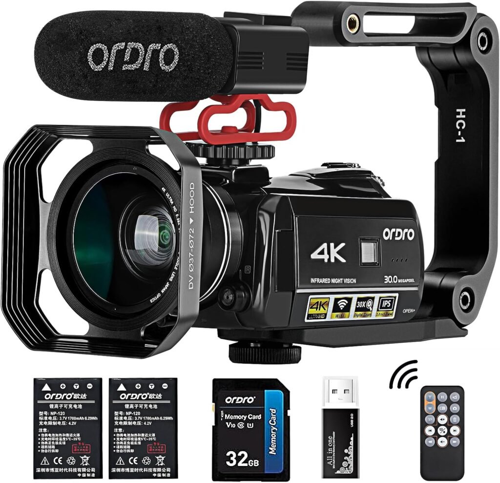 ORDRO AC3 4K Camcorder Vlogging Camera for YouTube HD Video Camera 1080P 60FPS IR Night Vision Wi-Fi Camera Recorder Digital Camcorders with Microphone Wide Angle Lens Handheld Stabilizer