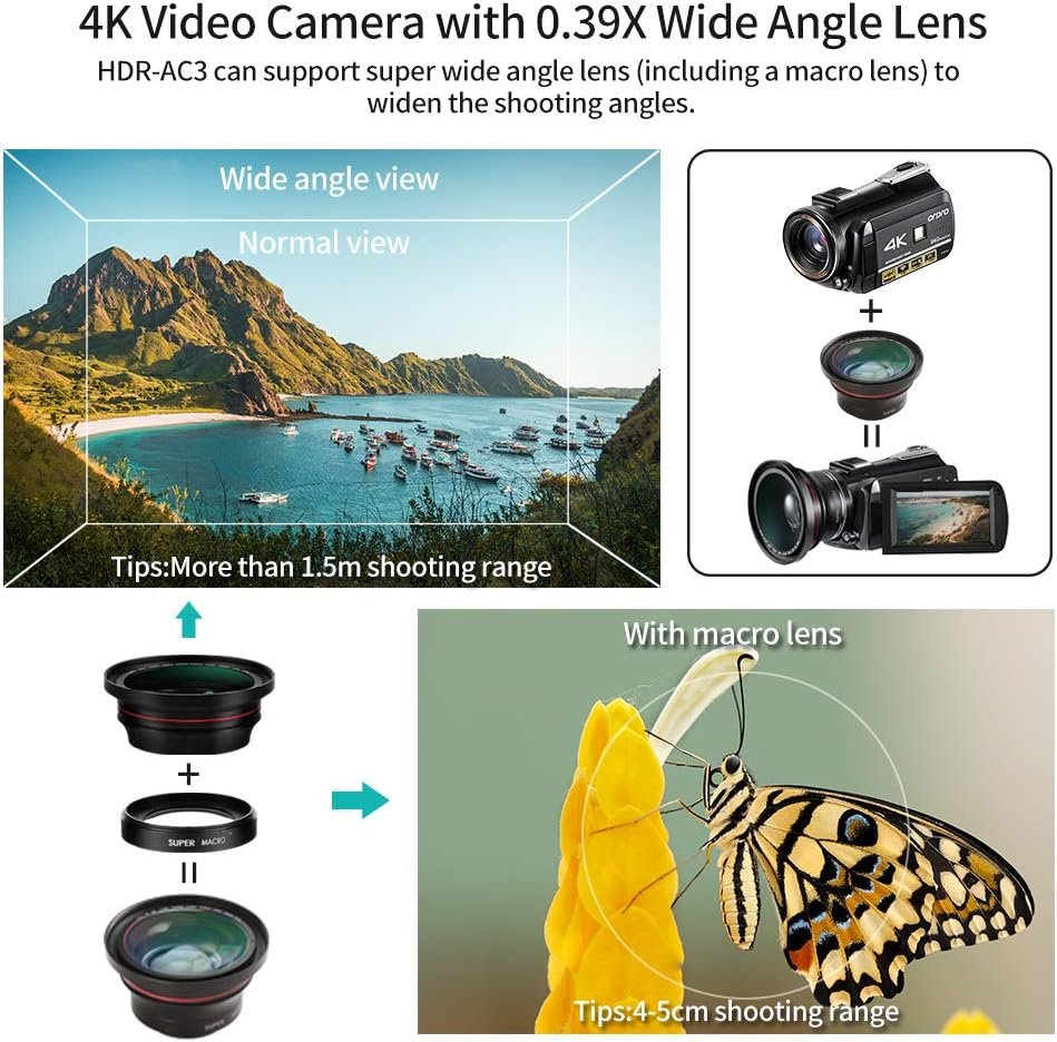 ORDRO AC3 4K Camcorder Vlogging Camera for YouTube HD Video Camera 1080P 60FPS IR Night Vision Wi-Fi Camera Recorder Digital Camcorders with Microphone Wide Angle Lens Handheld Stabilizer