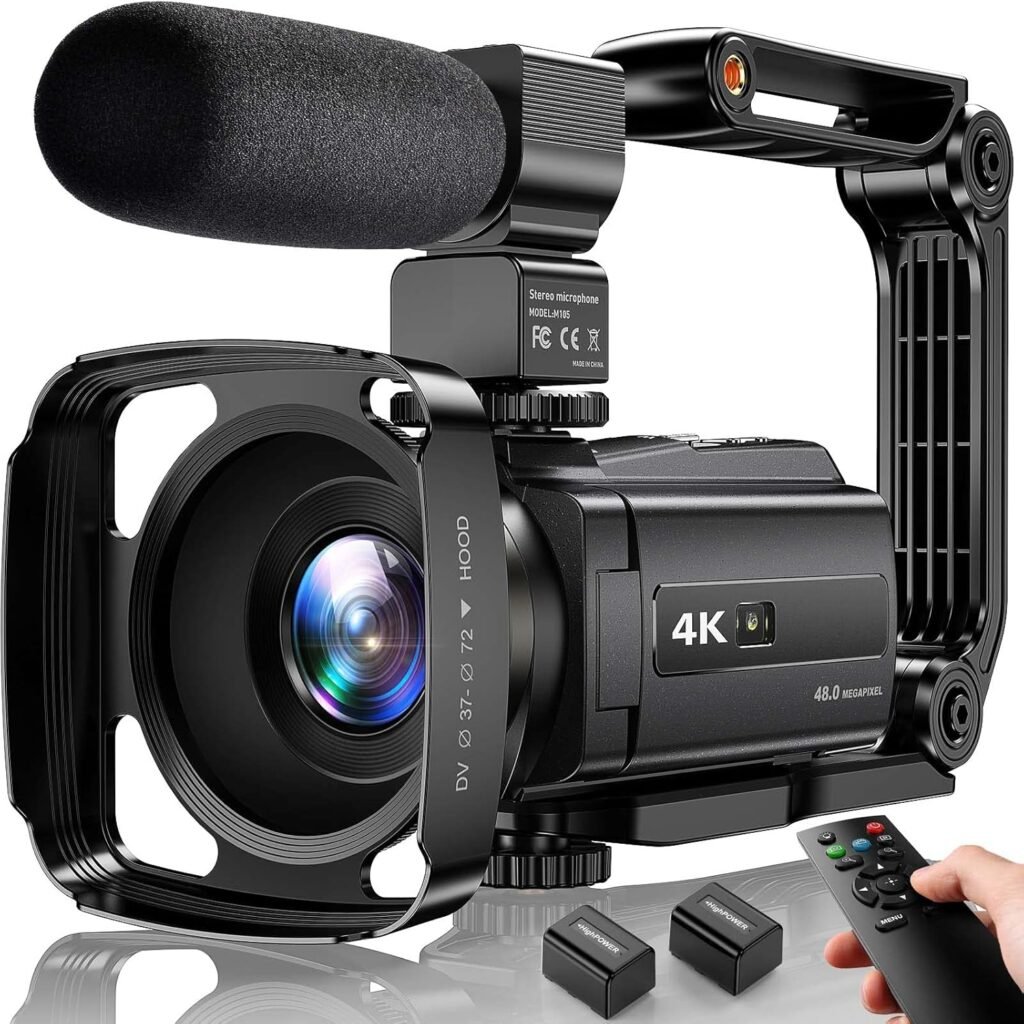 WSRYXXSC 4K Video Camera Camcorder 48MP UHD WiFi IR Night Vision Vlogging for YouTube 16X Digital Zoom Touch Screen Recorder with Microphone, Handheld Stabilizer, Lens Hood, Remote,2 Batteries