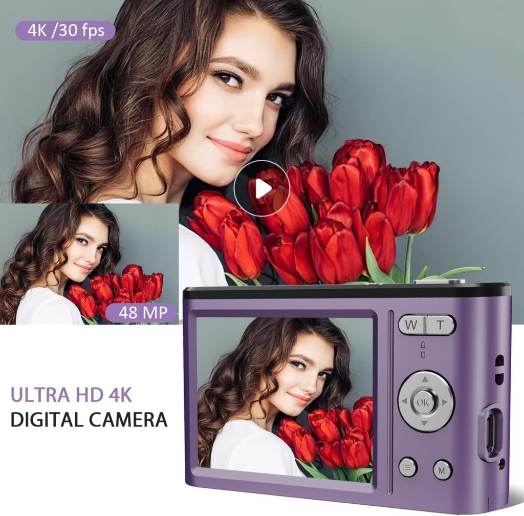 4K Compact Digital Camera with SD Card, 48MP Photo/ 4K Video 30FPS/ 2.8”HD Screen/ 18X Zoom, Camera Beginners for Kids/Children/Teenagers/Students/Teens Black