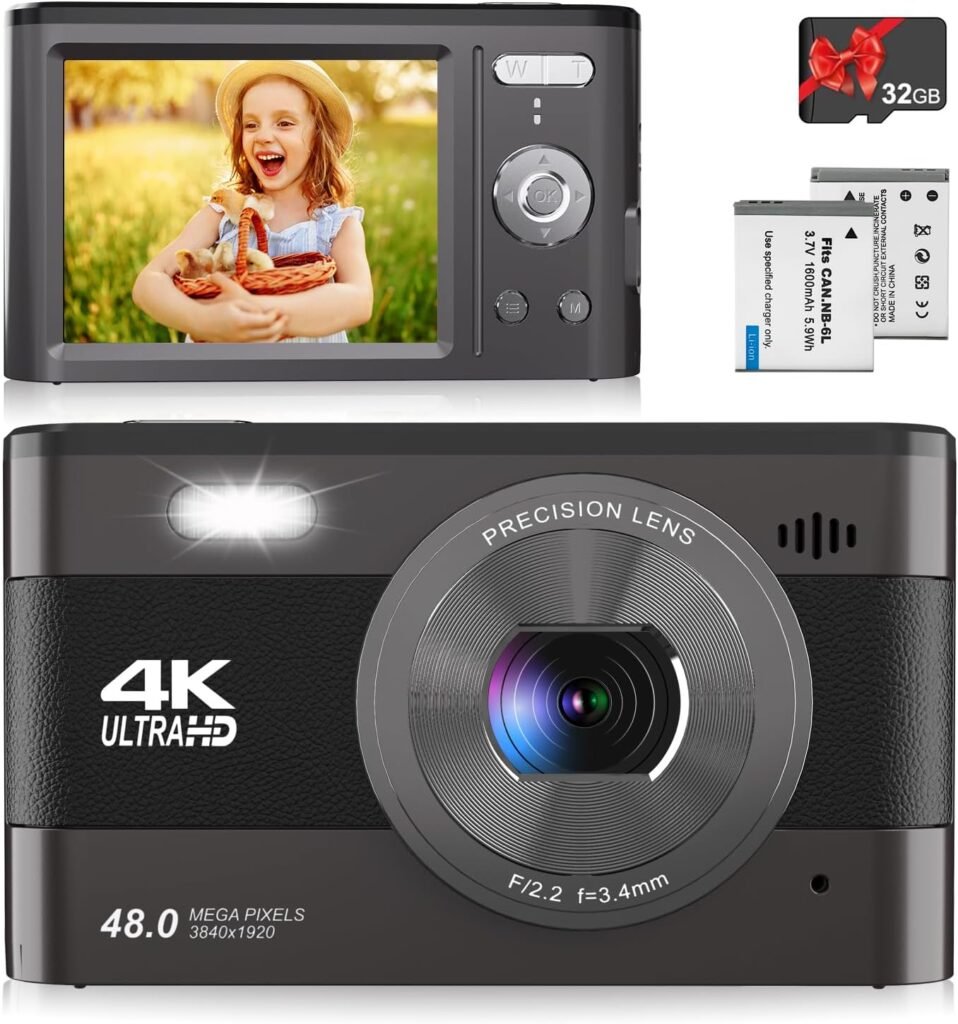 4K Compact Digital Camera with SD Card, 48MP Photo/ 4K Video 30FPS/ 2.8”HD Screen/ 18X Zoom, Camera Beginners for Kids/Children/Teenagers/Students/Teens Black