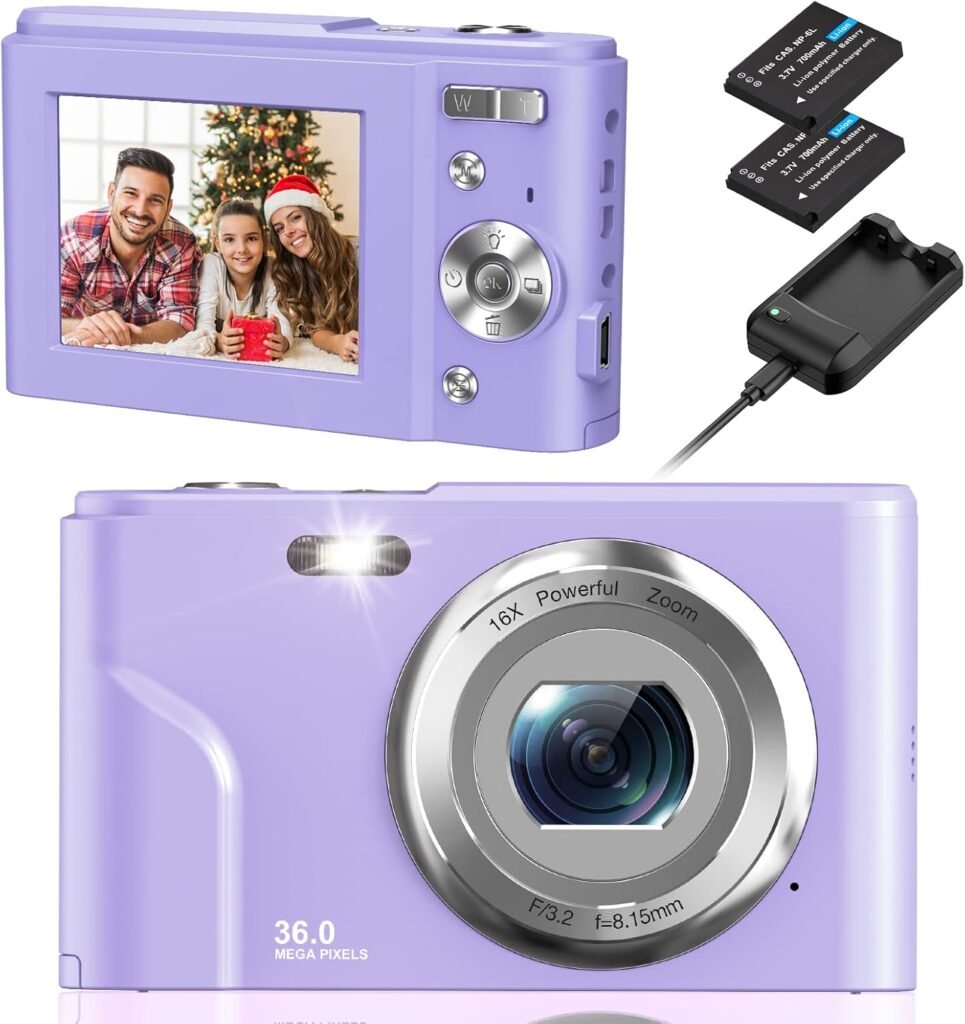 NEZINI Digital Camera, Vlogging Camera FHD 1080P 36MP Compact Camera 16X Digital Zoom,2.4 inch Mini Kids Camera,Portable Mini Camera for Kids,Photography Beginners,Teens -Purple
