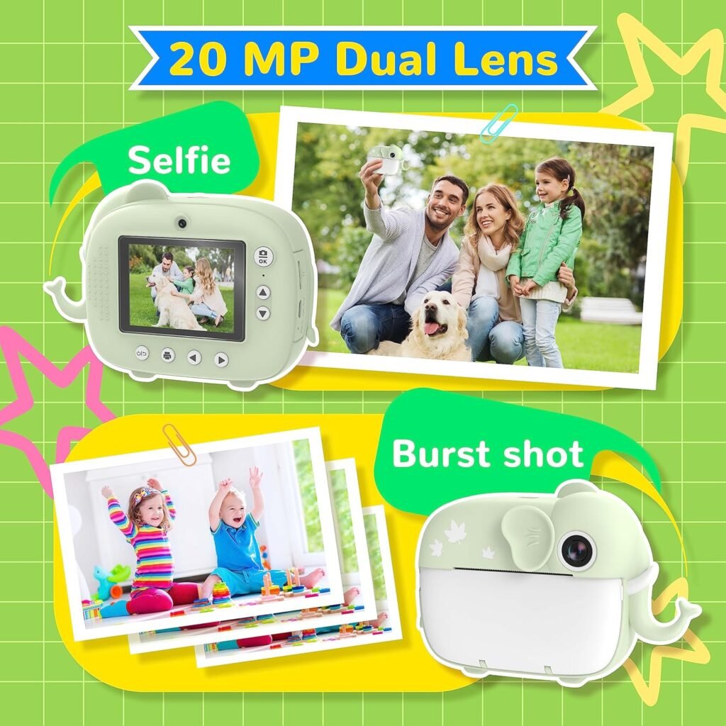 TIATUA Kids Camera Instant Print,Digital Camera for Kids with 20MP Dual Lens  32G Card, Video Camera, Photo Paper  Fun Accessories Included,Gift for Girls Boy Age 3+