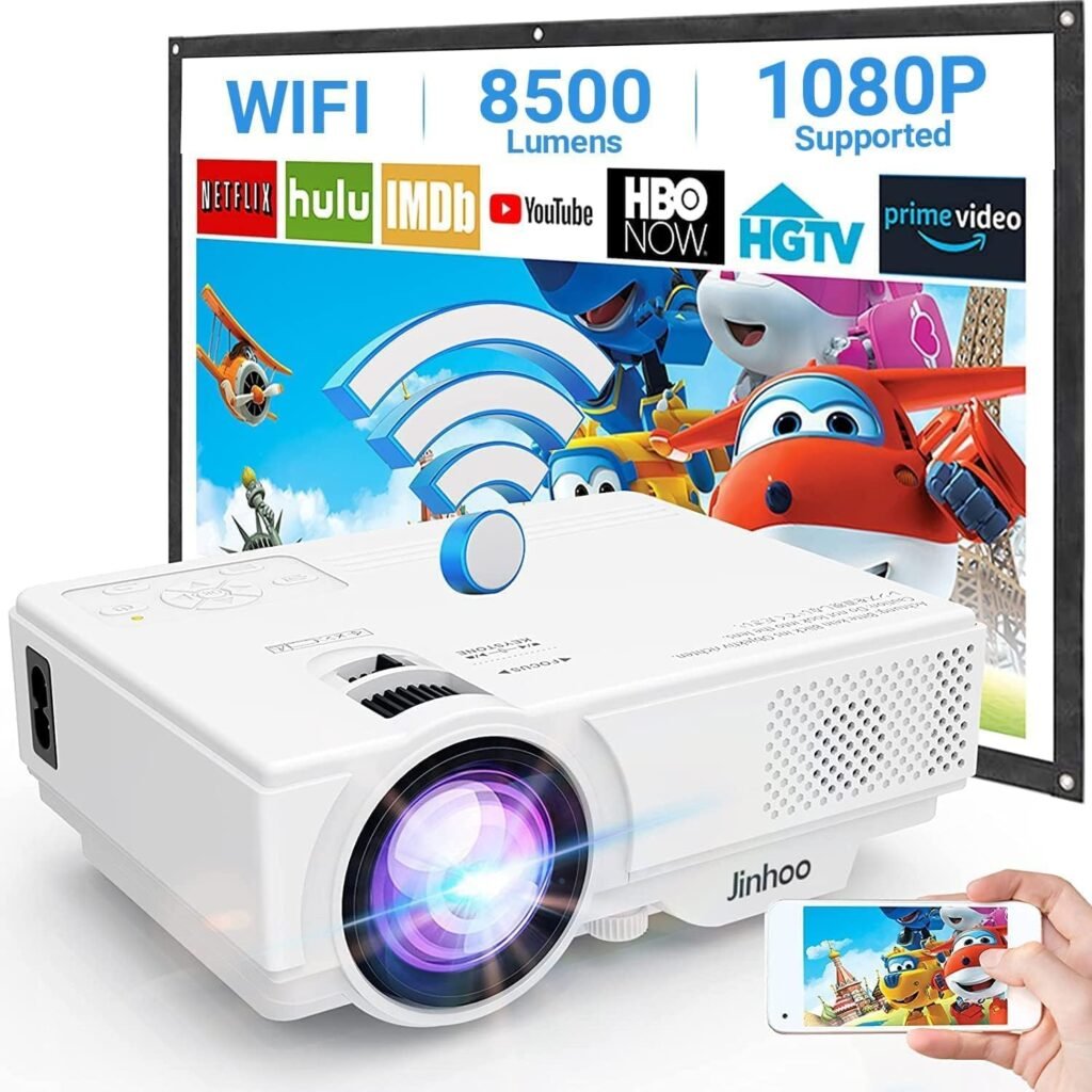 WiFi Projector, Full HD 1080P Enhanced Mini Wireless Projector, Portable Video Projector Compatible with TV Stick Smartphone Tablet HDMI USB AV for Home Theater