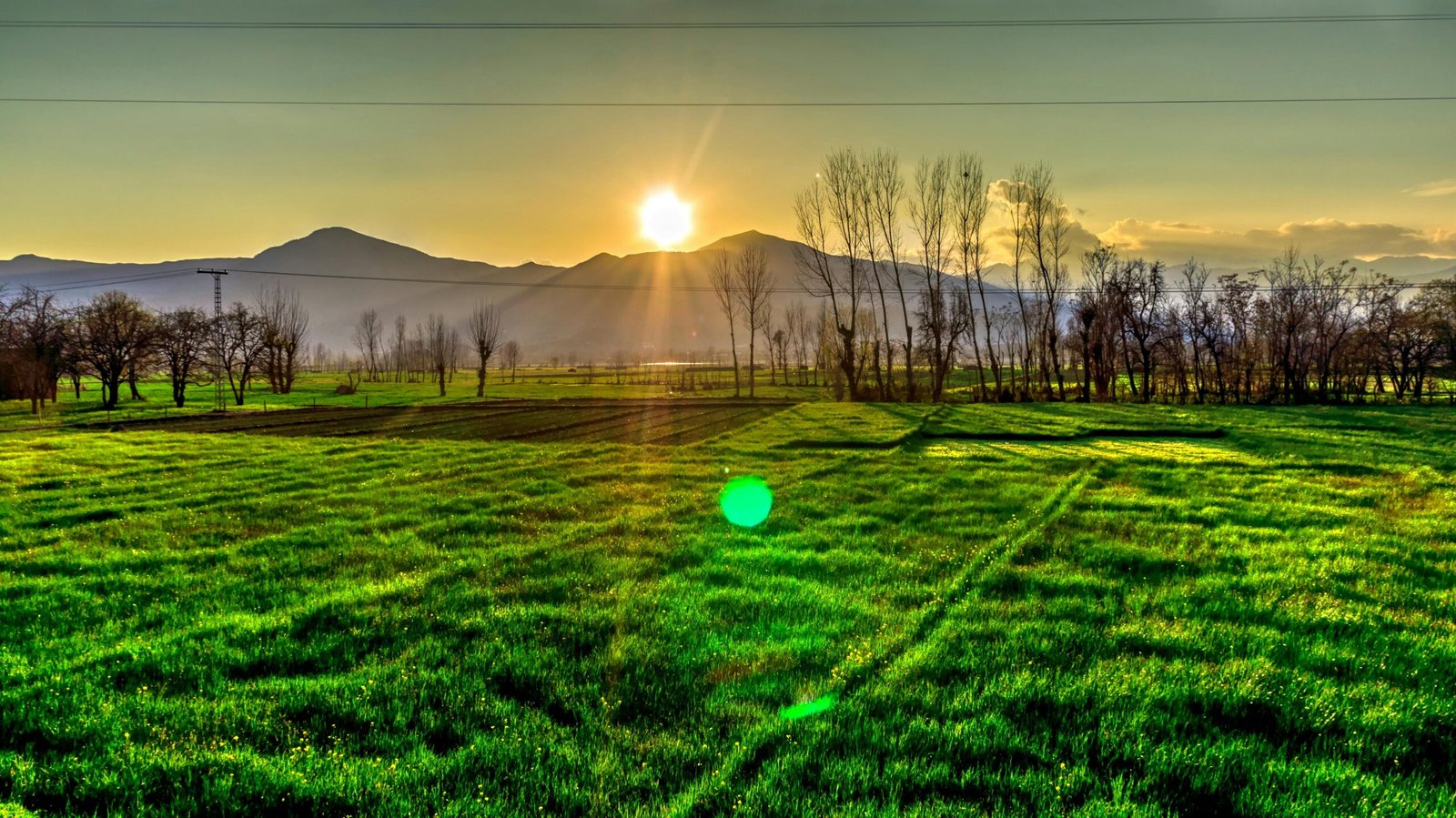 Golden sunrise over green fields in Kalam, Pakistan, with distant mountains and serene landscape.