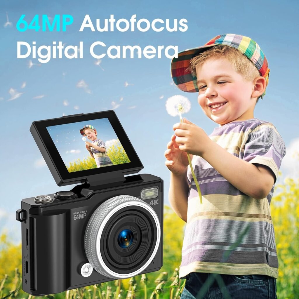 4K 75MP Digital Camera with WiFi, 3 180° Flip Screen, 16X Digital Zoom Autofocus Vlogging Camera for YouTube, Compact Camera with 32GB SD Card  2x1500mAh Batteries for Travel  Beginners