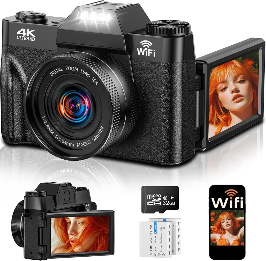 4K 75MP Digital Camera with WiFi, 3 180° Flip Screen, 16X Digital Zoom Autofocus Vlogging Camera for YouTube, Compact Camera with 32GB SD Card  2x1500mAh Batteries for Travel  Beginners
