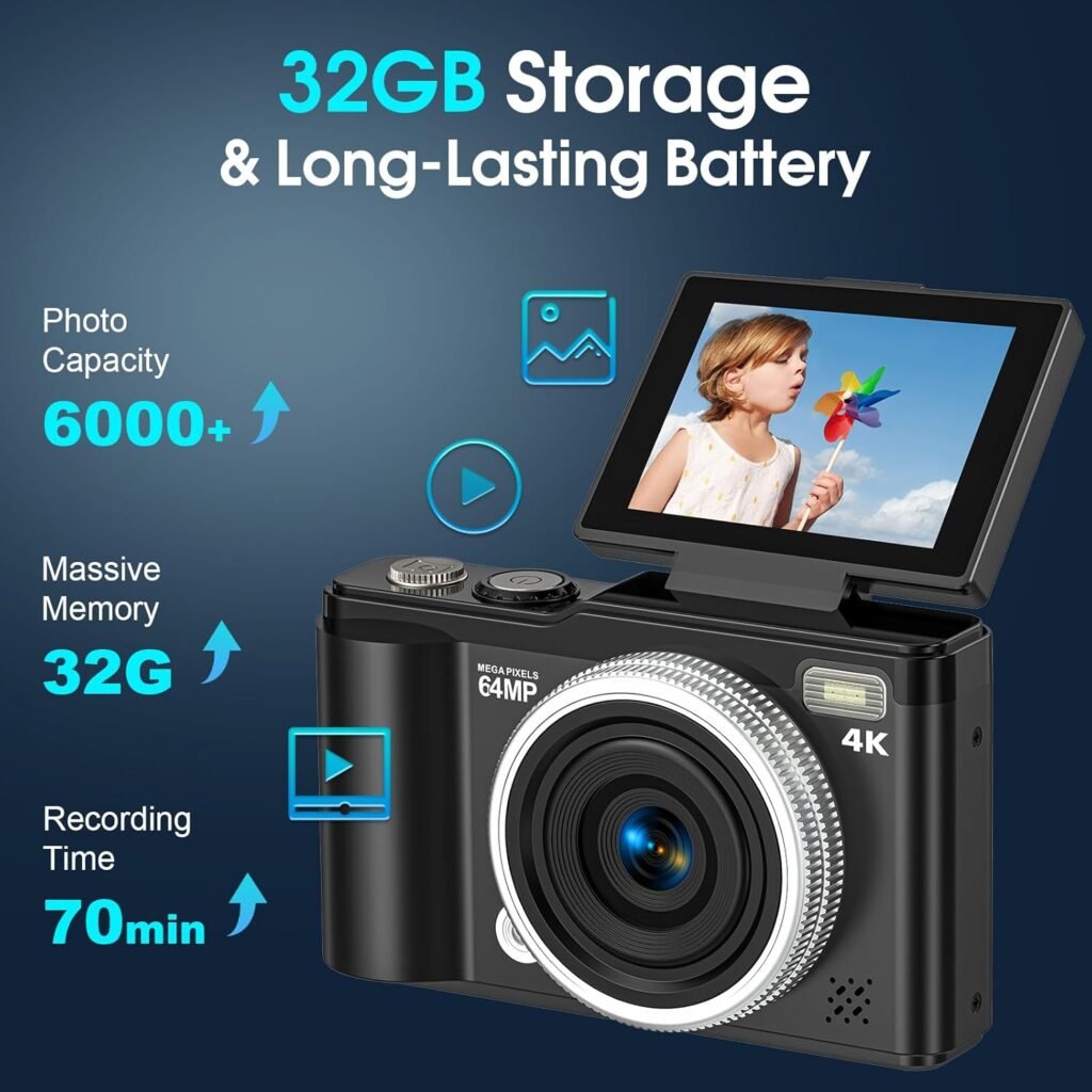 4K 75MP Digital Camera with WiFi, 3 180° Flip Screen, 16X Digital Zoom Autofocus Vlogging Camera for YouTube, Compact Camera with 32GB SD Card  2x1500mAh Batteries for Travel  Beginners