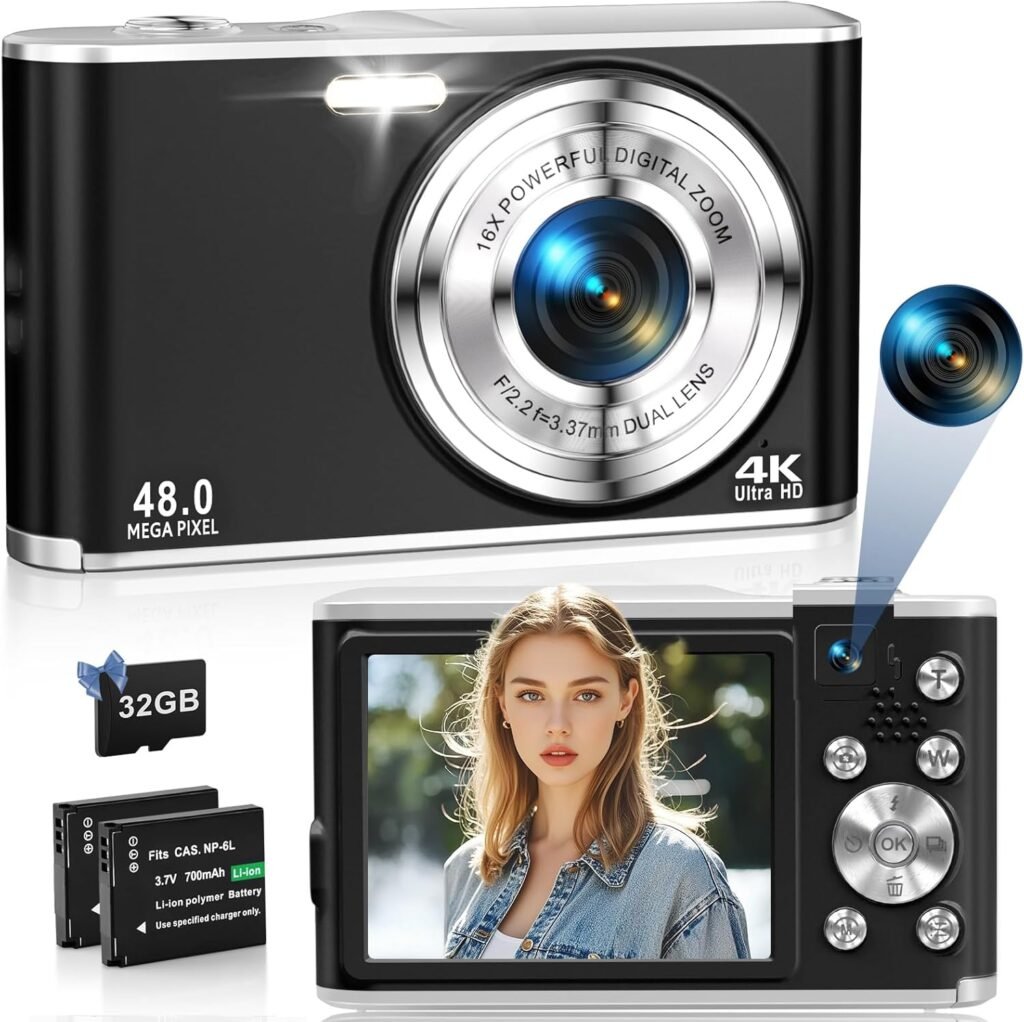 4K Digital Camera 48MP Autofocus Cameras for Photography Compact Camera with Dual Front and Rear Camera, Point and Shoot Cameras with16X Digital Zoom, 32GB TF Card 2 Batteries-Black 4K Digital Camera 48MP Autofocus Cameras for Photography Compact Camera with Dual Front and Rear Camera, Point and Shoot Cameras with16X Digital Zoom, 32GB TF Card 2 Batteries-Black