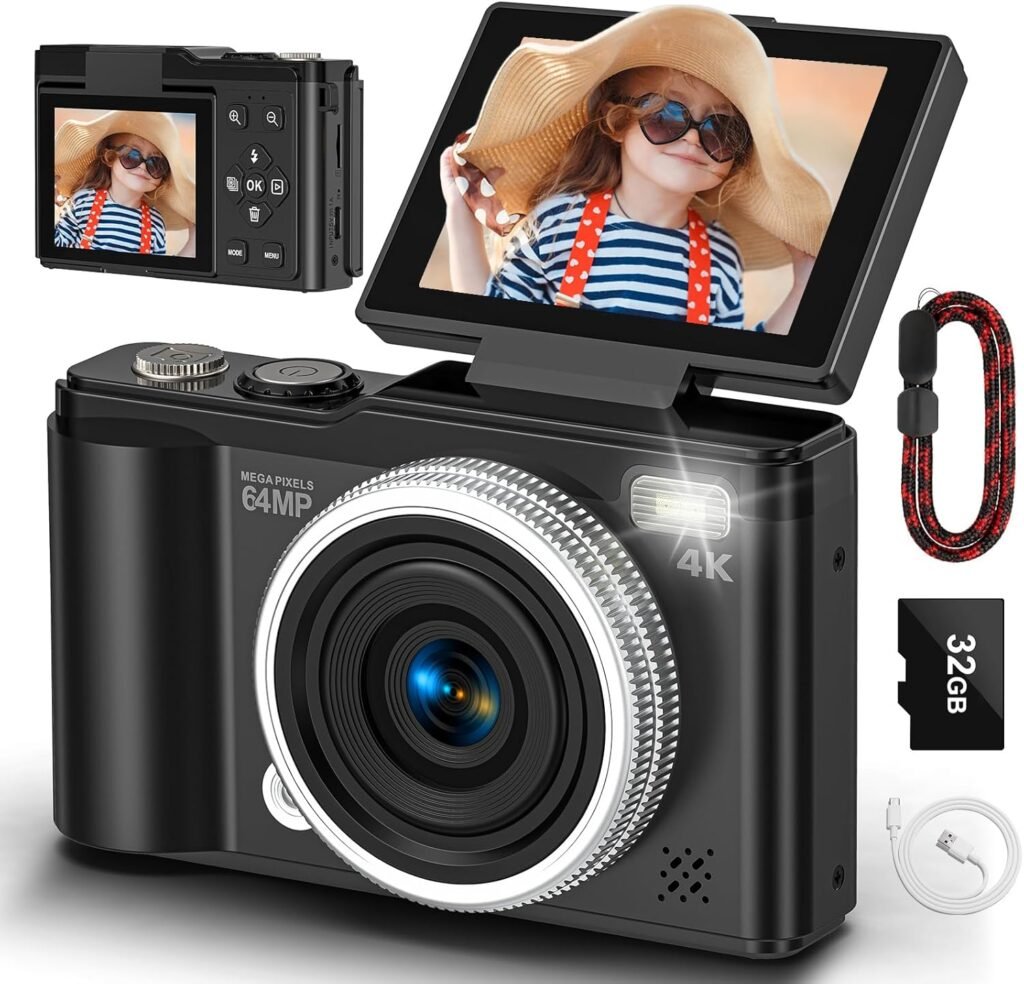 Digital camera, 4K 64MP Compact Digital Camera with Autofocus and Macro Function, 180° flip-up screen portable selfie cameras for photography and video with 32GB Micro SD Card for Beginners Teens