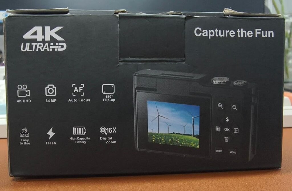 Digital camera, 4K 64MP Compact Digital Camera with Autofocus and Macro Function, 180° flip-up screen portable selfie cameras for photography and video with 32GB Micro SD Card for Beginners Teens
