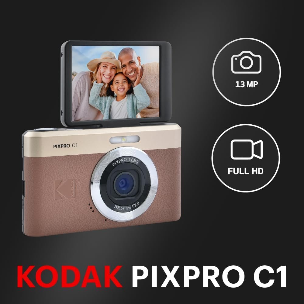 KODAK Pixpro C1 – Ultra-Compact Digital Camera | 13MP BSI CMOS, 4X Zoom, 2.8 LCD Screen, LED Flash – Marron