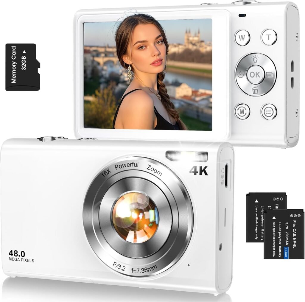 Digital Camera,Autofocus 4K Vlogging Camera for Photography with 32GB Card,48MP Portable Compact Point and Shoot Digital Camera for Teens Adult Beginner