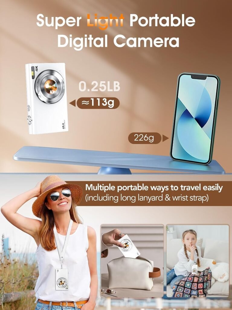 Digital Camera,Autofocus 4K Vlogging Camera for Photography with 32GB Card,48MP Portable Compact Point and Shoot Digital Camera for Teens Adult Beginner