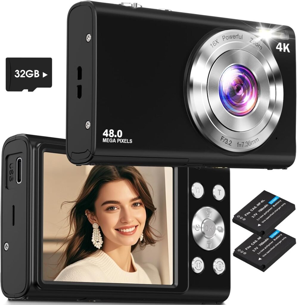 Digital Camera,Autofocus 4K Vlogging Camera for Photography with 32GB Card,48MP Portable Compact Point and Shoot Digital Camera for Teens Adult Beginner